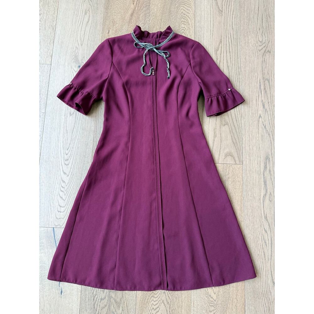 LANCY FROM25 Ruffle Neck Fit & Flare Dress Burgundy Plum Bell Sleeve S